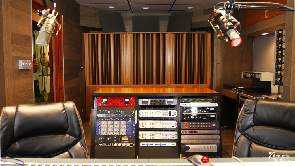 sound diffusers on back wall of control room